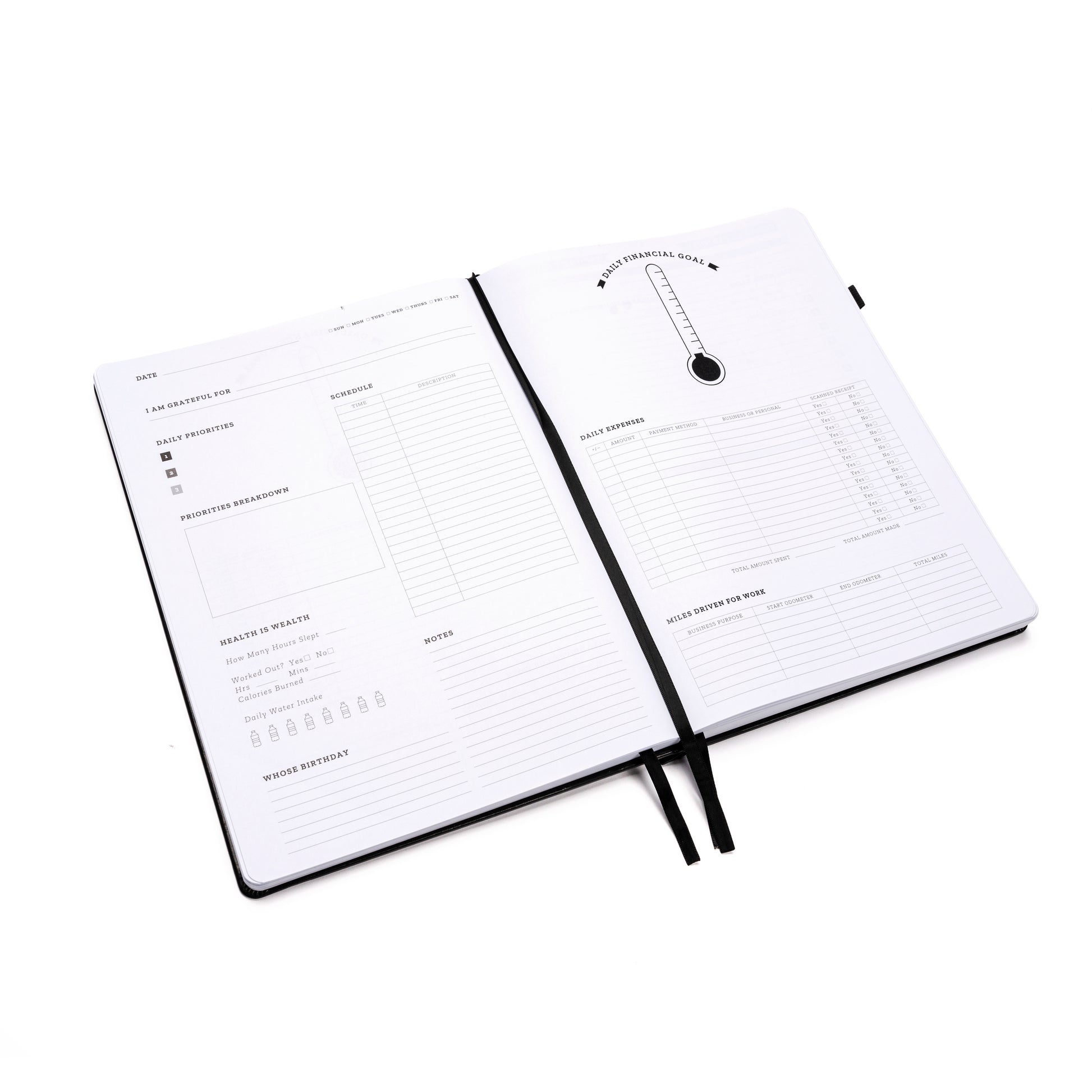 Daily planning page of Ready Set Win productivity planner. It is flat-laid to the daily page that features dates, brain dump section, a schedule, a health section, birthday, notes and financial goal page including daily expenses and other features.