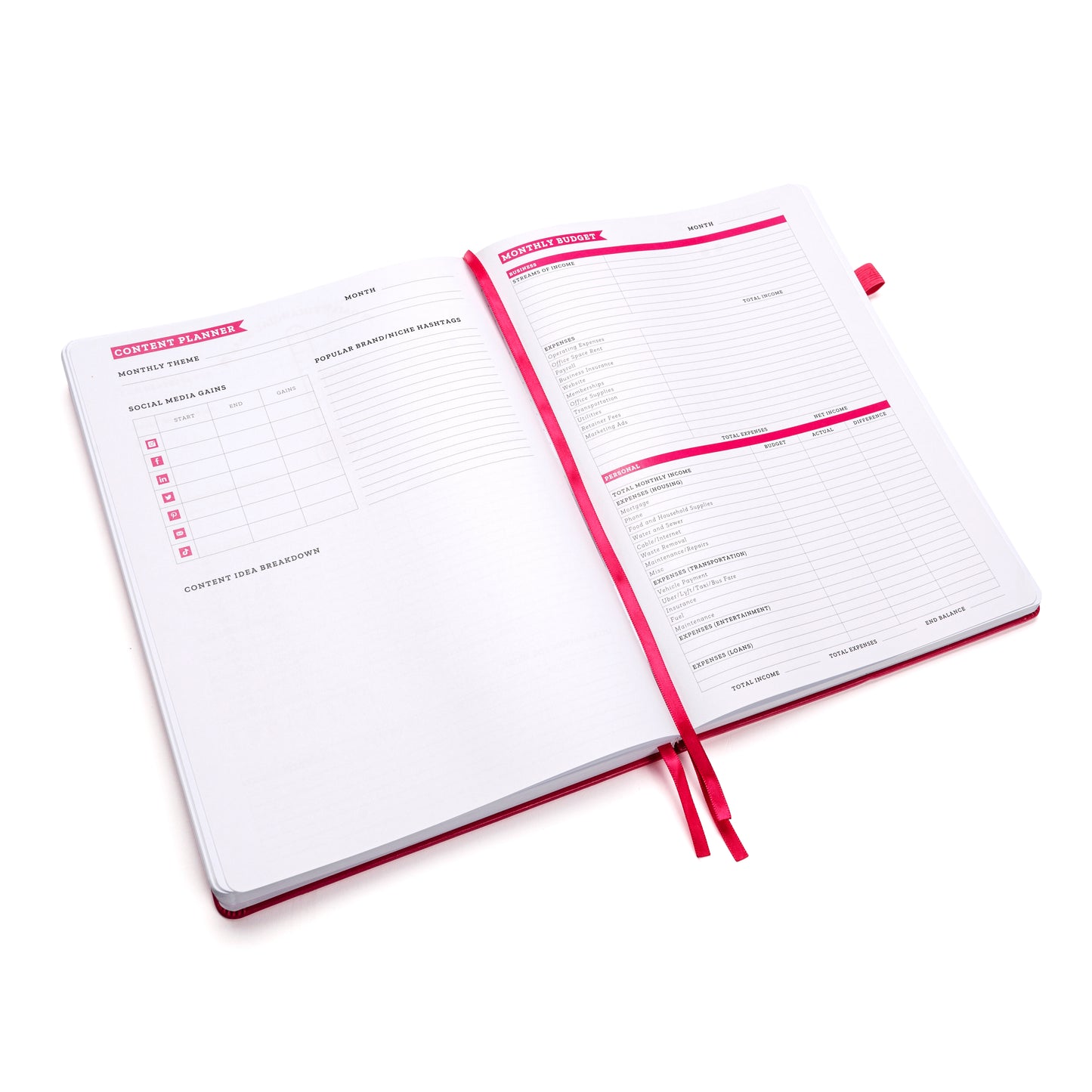 Content planning and monthly budget page of Ready Set Win productivity planner. It is flat-laid to the content planner and monthly budget page with satin bookmark ribbon.