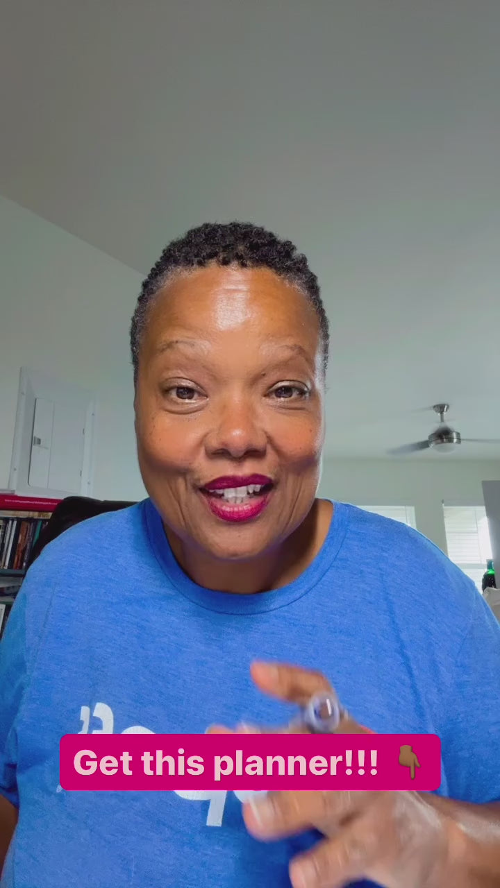 Load video: A customer wearing blue t-shirt leaving a review for the Ready Set Win Planner.